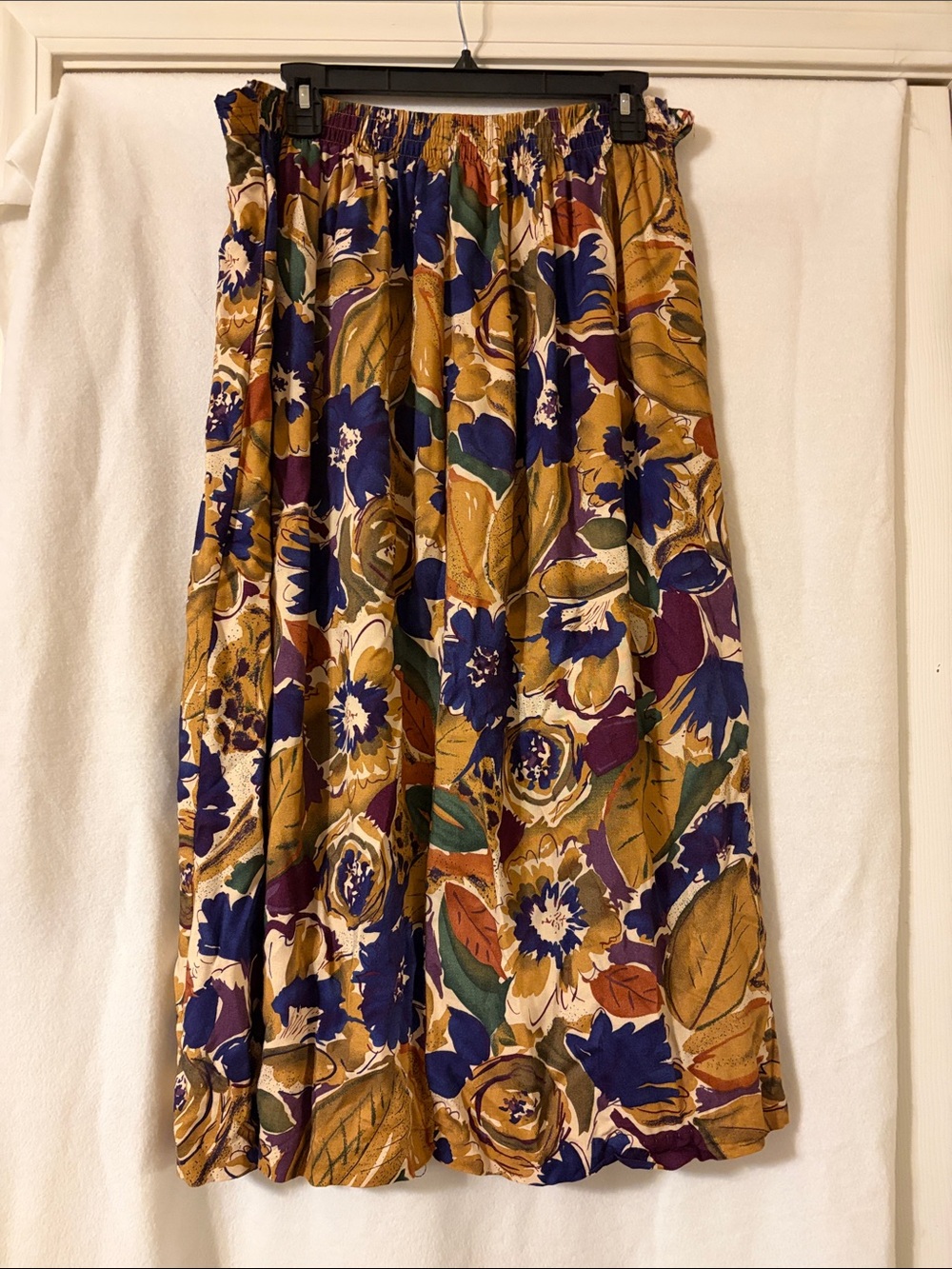 Floral A-Line Midi Skirt in Mustard and Purple
